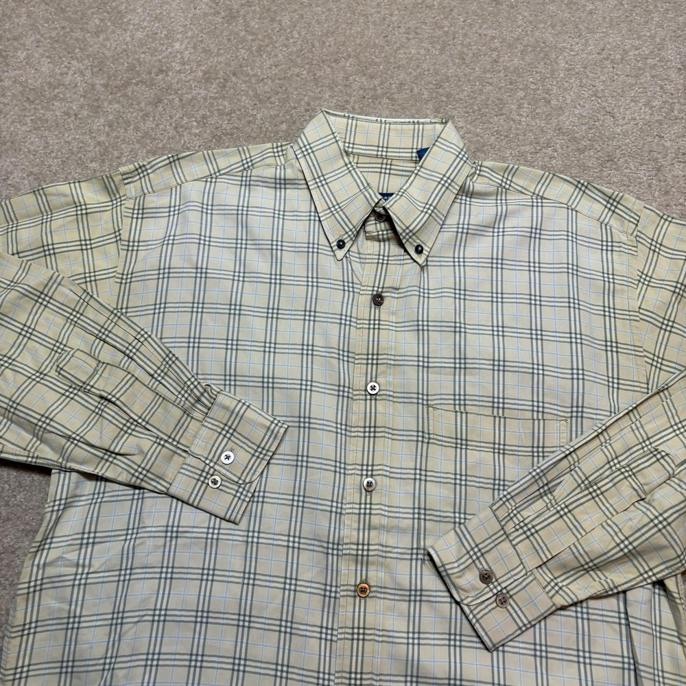 Burberry London Shirt Mens Medium Beige Plaid Twill Button Down LS USA Distress - Picture 11 of 16